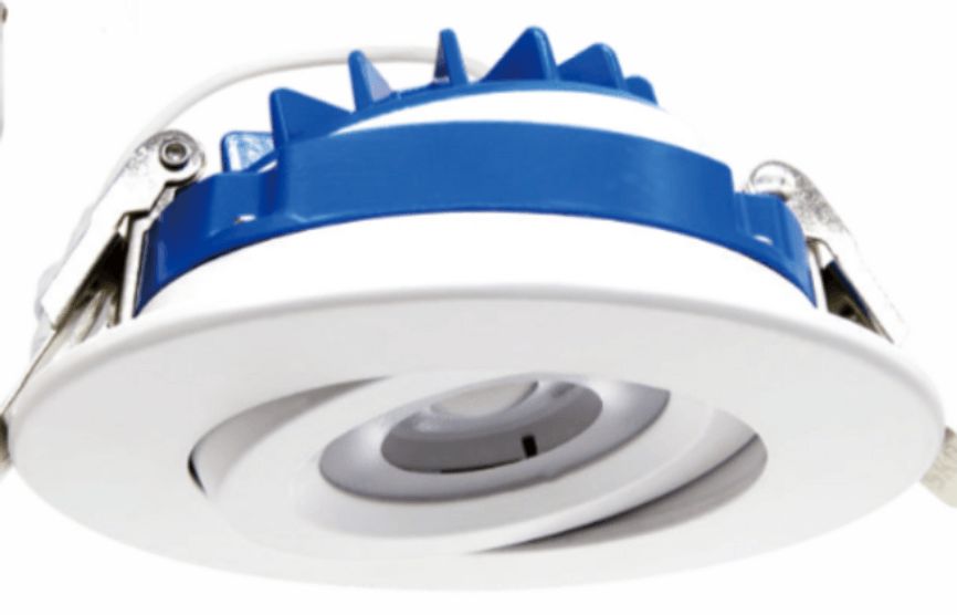 White and blue recessed LED spotlight, with adjustable angle.