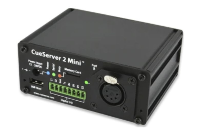 Black CueServer 2 Mini with power input, USB, digital outputs, and a 5-pin DMX connector.