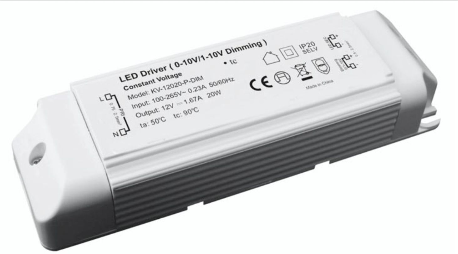 White LED driver with labeled inputs and outputs; CE certified.
