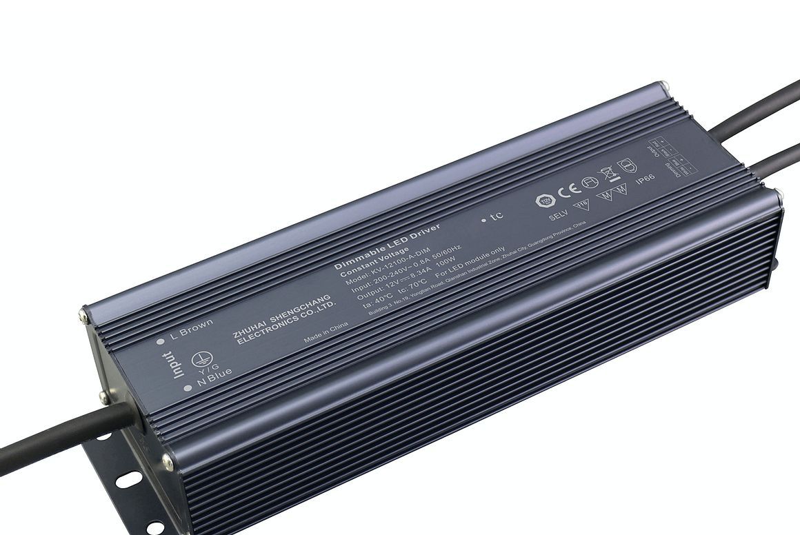 Black rectangular LED power supply with attached wires.