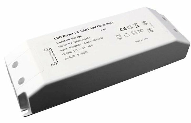 White rectangular LED driver with text on its side.