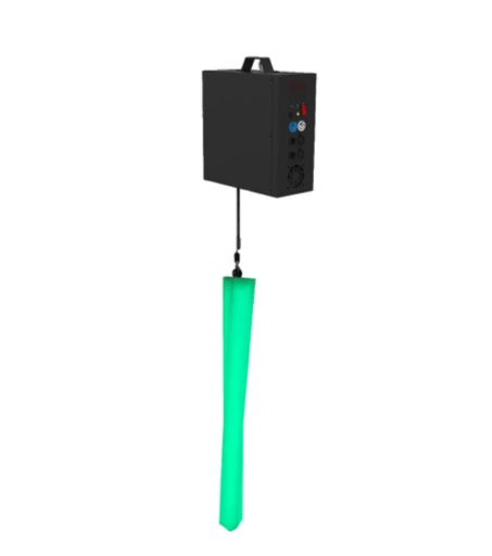 Black device with buttons, cord connected to a glowing green, wavy, cone-shaped light.