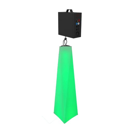 Green LED light fixture with a black control box suspended above.