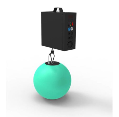 Black box with a handle suspended above a glowing teal sphere.