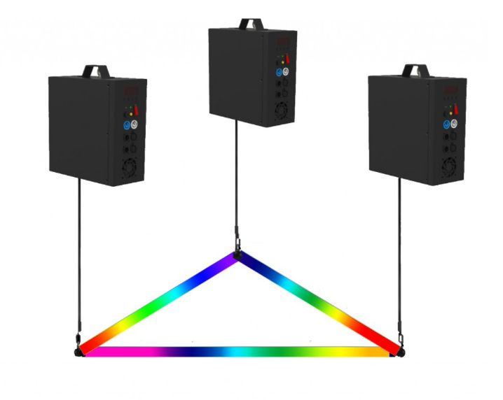 Three black light boxes suspended over a triangular, multi-colored light bar. Wires connect the boxes to the bar.