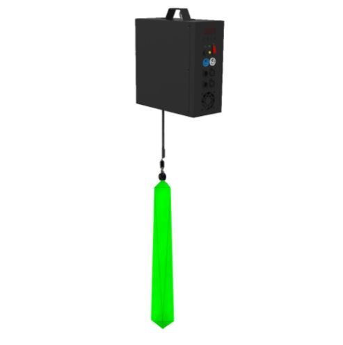 Black device with green tube hanging below; likely for effects.