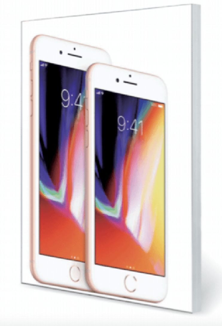 IPhone 8 box, with an image of two phones on a white background. One phone slightly overlapping the other.
