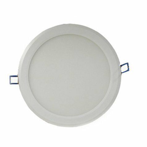 Round, white LED recessed ceiling light with blue spring clips.