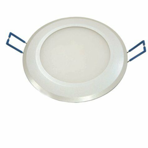 Round, recessed LED ceiling light with a white frame and blue clips.