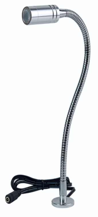 Silver gooseneck LED desk lamp with a round base and a black power cord.