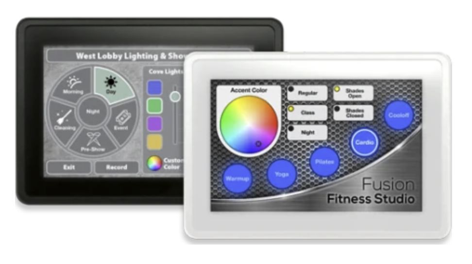 Two touch screen control panels. One black, one white, display lighting controls for a fitness studio.