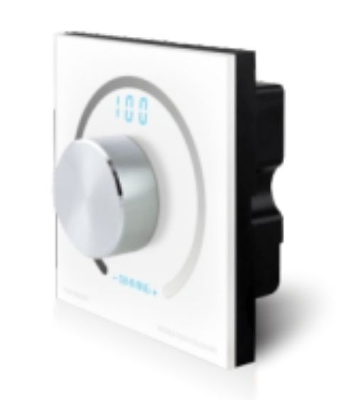 White dimmer switch with a silver knob and blue digital display showing the level.