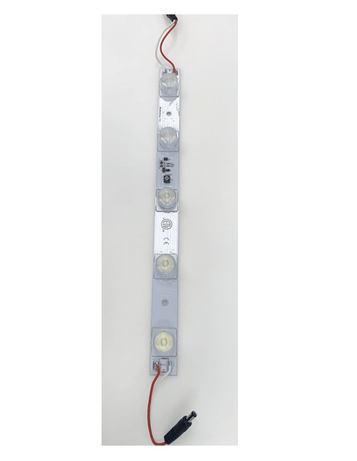 A long, thin LED light strip with 8 bulbs and red wires, against a white background.