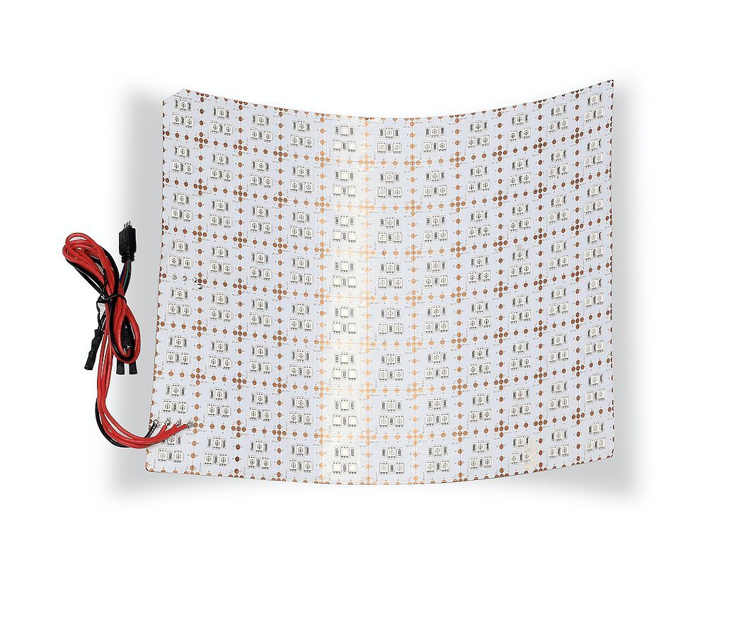 Flexible LED panel with red wires; white and copper pattern.
