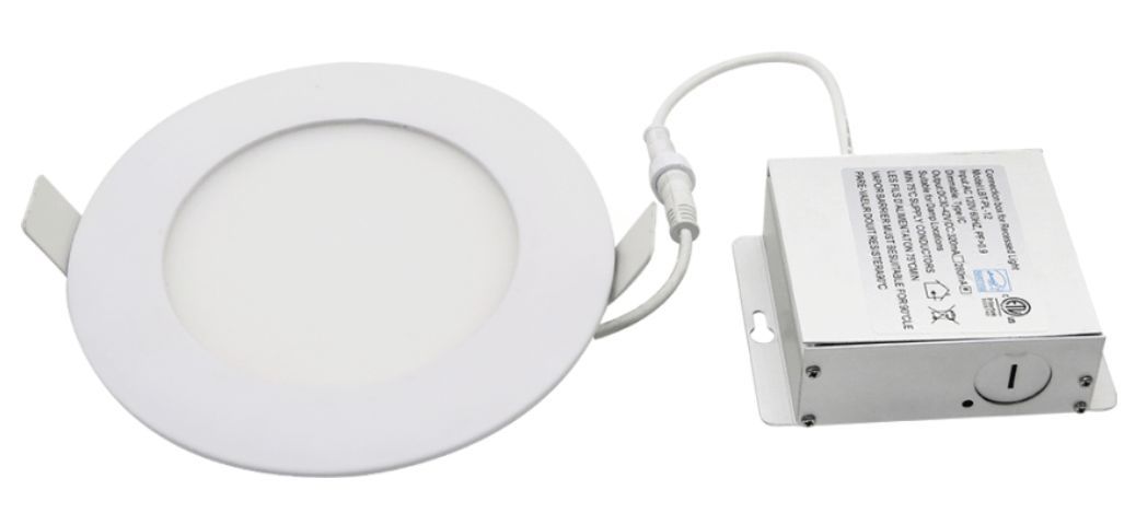 White LED recessed lighting fixture with a separate power supply.