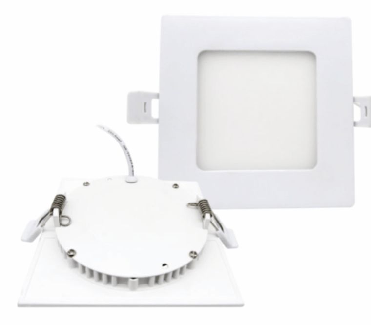 Square LED recessed lighting fixture, white, shown from front and back.