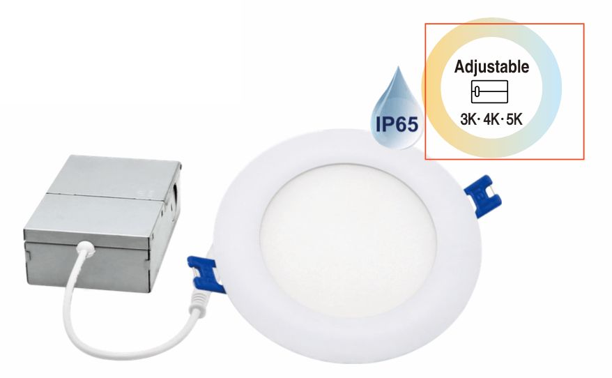 White LED recessed light with adjustable color temperature, IP65 rated, with junction box attached.