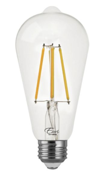 Clear pear-shaped LED lightbulb with filament visible, silver base.