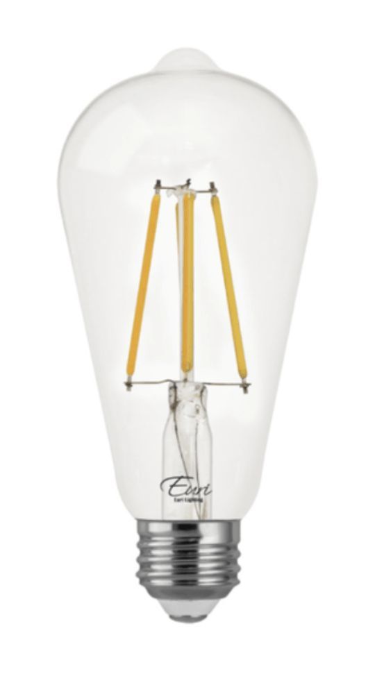 Clear teardrop-shaped LED lightbulb with three vertical gold filaments and a silver base.