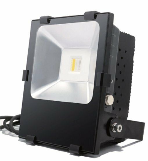 Black LED floodlight with a bright white light, mounted on a bracket.