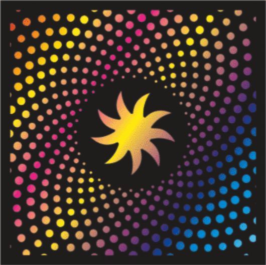 Colorful spiral of dots surrounds a central, yellow starburst shape on a black background.