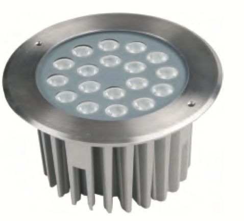 Recessed LED landscape light with silver rim, gray face with 19 bright LEDs, and ribbed silver body.