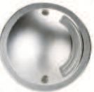 Circular, metallic in-ground light fixture; two small holes and a curved groove.