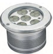 Silver LED in-ground light fixture with seven bulbs.
