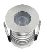 Circular silver LED recessed light fixture.