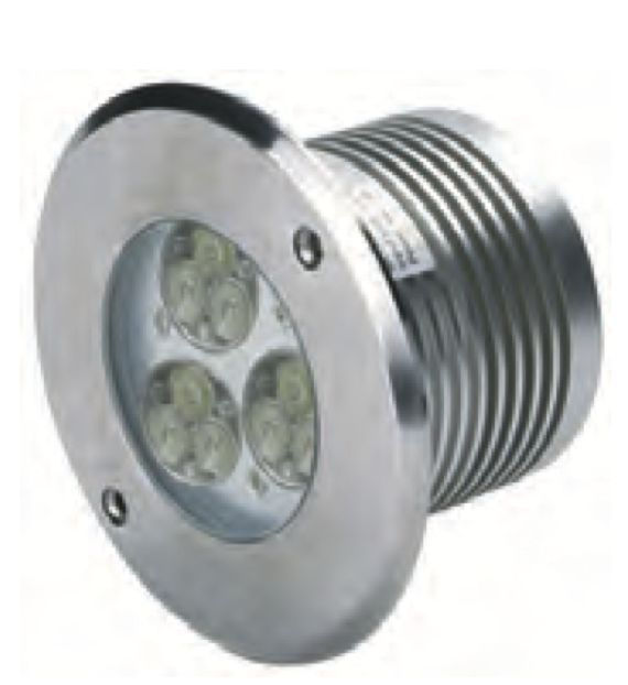 Stainless steel LED in-ground light fixture with three visible lights and a ribbed cylindrical body.