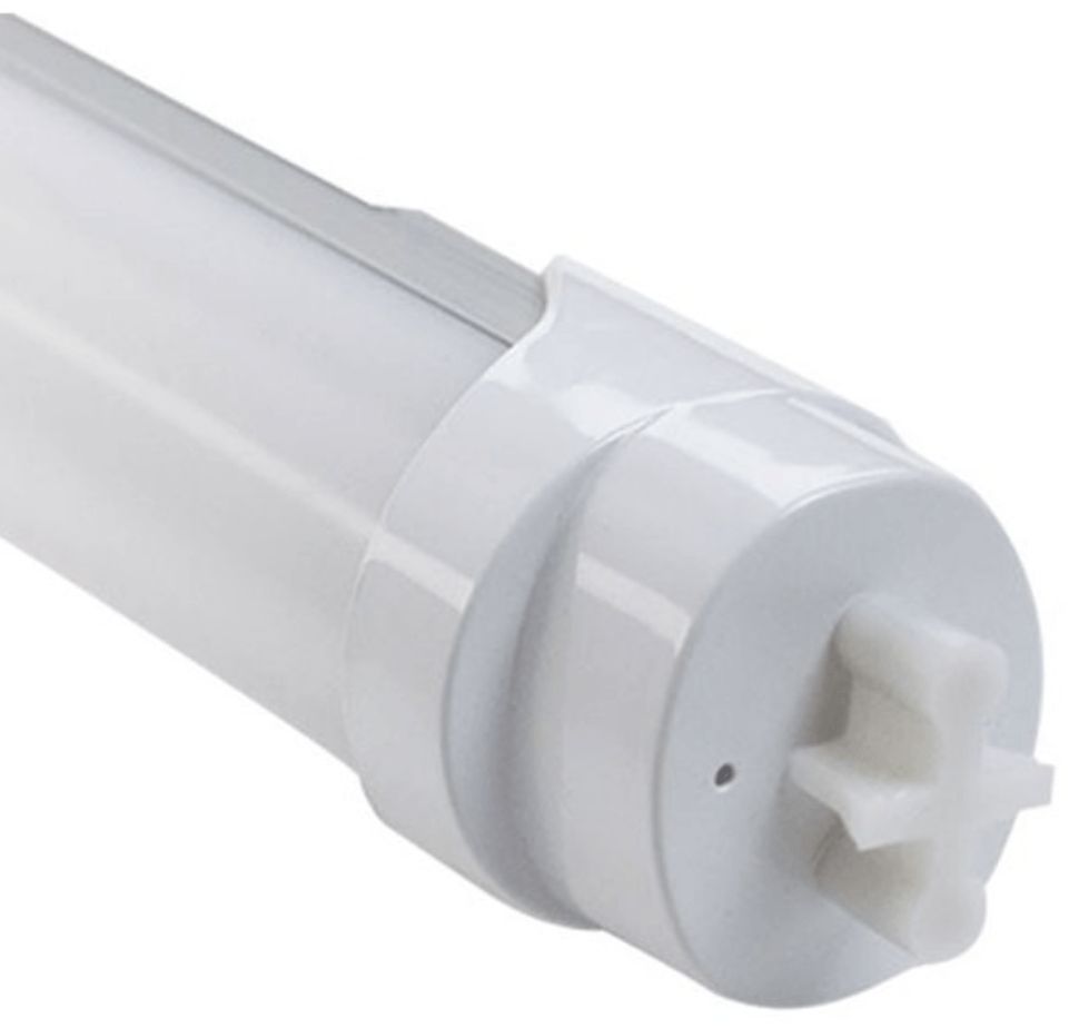 Close-up of a white LED tube light showing the end with a connector.