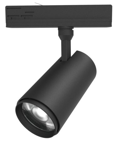 Black track lighting spotlight angled down, mounted on a ceiling track.
