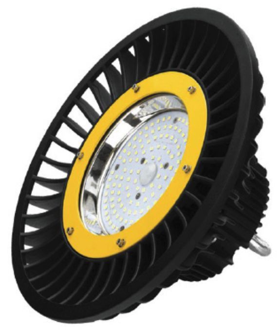 Black and yellow LED high bay light fixture with a radial heat sink.