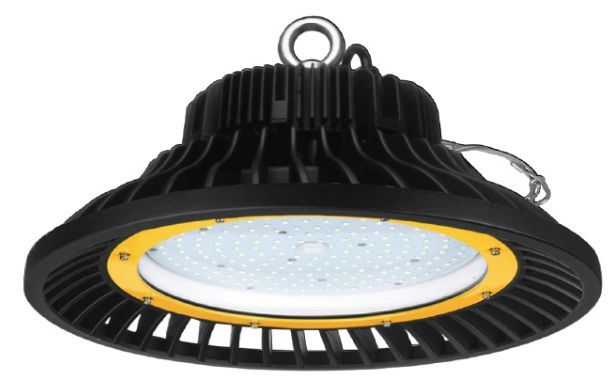 Black and yellow industrial LED high bay light fixture, hanging from a ceiling.