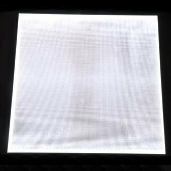 Square, bright white light panel with a grid pattern, against a black background.