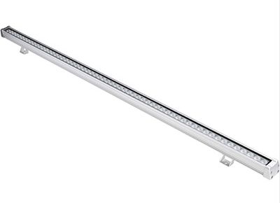 Silver LED linear light fixture, mounted horizontally.