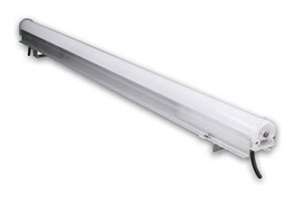 White LED industrial light fixture, long and rectangular, with mounting brackets and a power cable.
