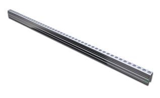 Silver metal rail with evenly spaced holes.