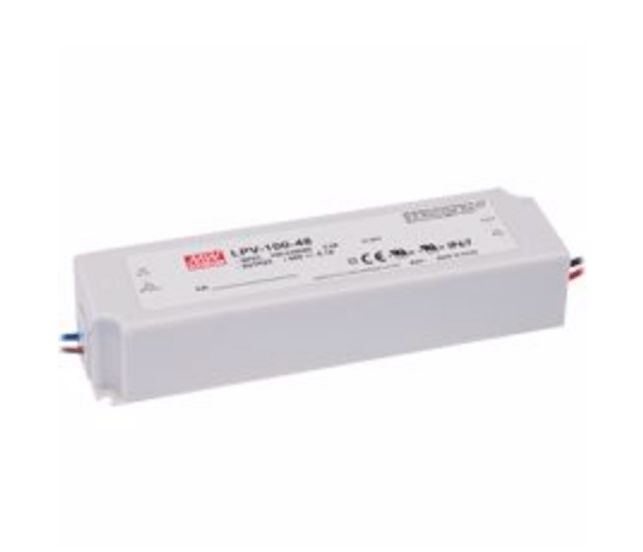 White Mean Well LPV-100-48 LED driver; rectangular shape with input and output wires extending from its sides.