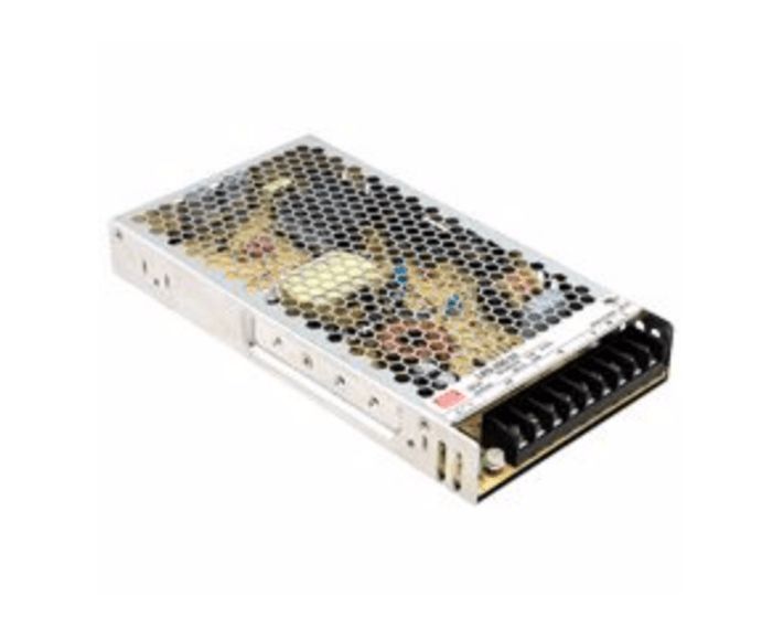 Silver metal power supply with a black terminal block and ventilation holes.