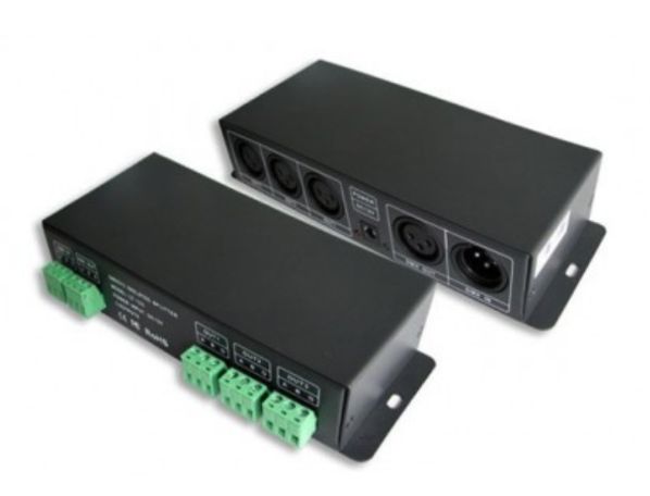 Two black DMX splitters with multiple XLR and terminal block connectors.