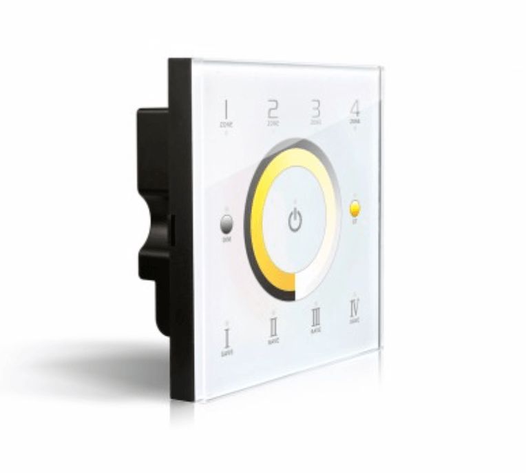 White touch panel light switch with a circular dimmer and zone controls.