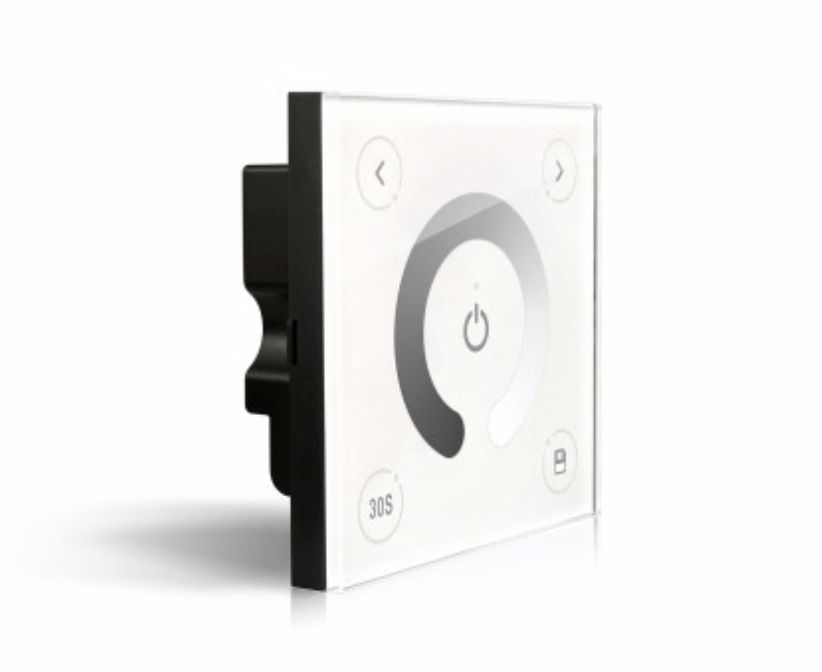 White smart light switch with a circular dimmer control and power button.