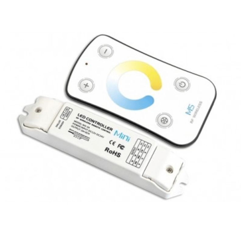 White LED controller mini with remote. Controller with ports, remote with color wheel and buttons.