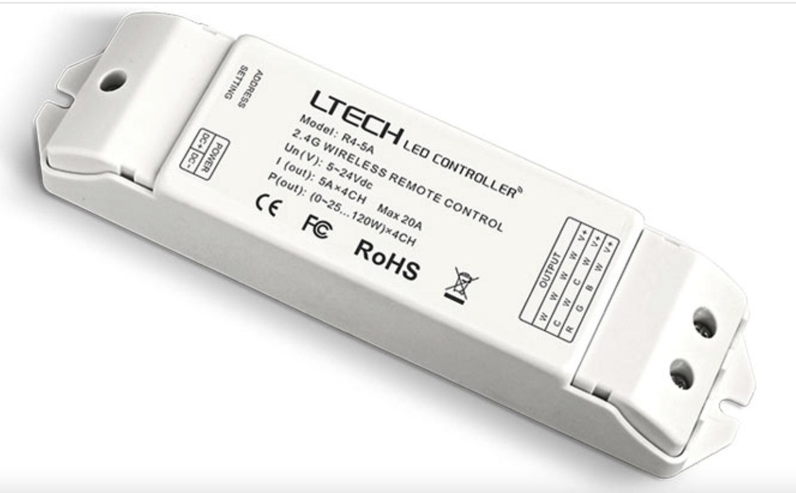 White Ltech LED controller, with labels and terminal connectors, for 2.4G wireless remote control.