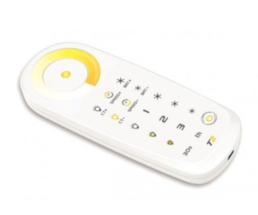 White remote control with a color wheel and buttons for light control.