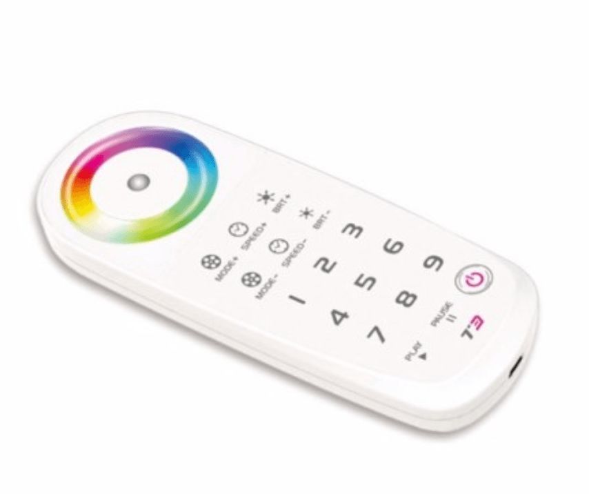 White remote control with a color wheel and numbered buttons.