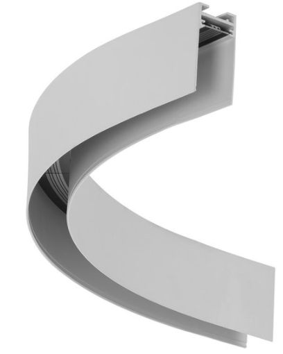 Curved, gray window curtain track, for drapery, made of aluminum, in an arc shape.