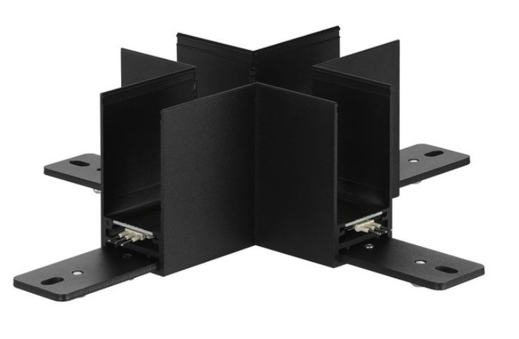 Black metal cable management device with four channels and mounting plates.