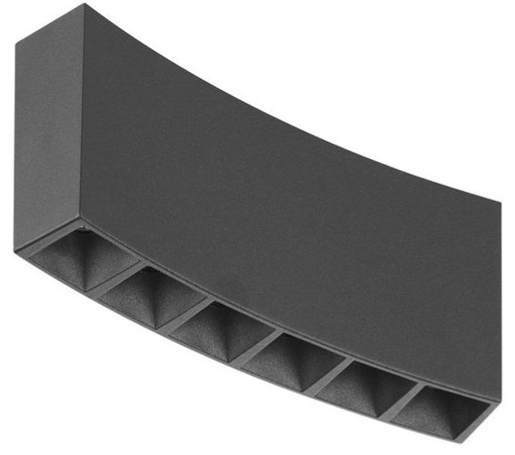 Curved, dark gray wall-mounted light fixture with eight recessed square openings along the bottom.